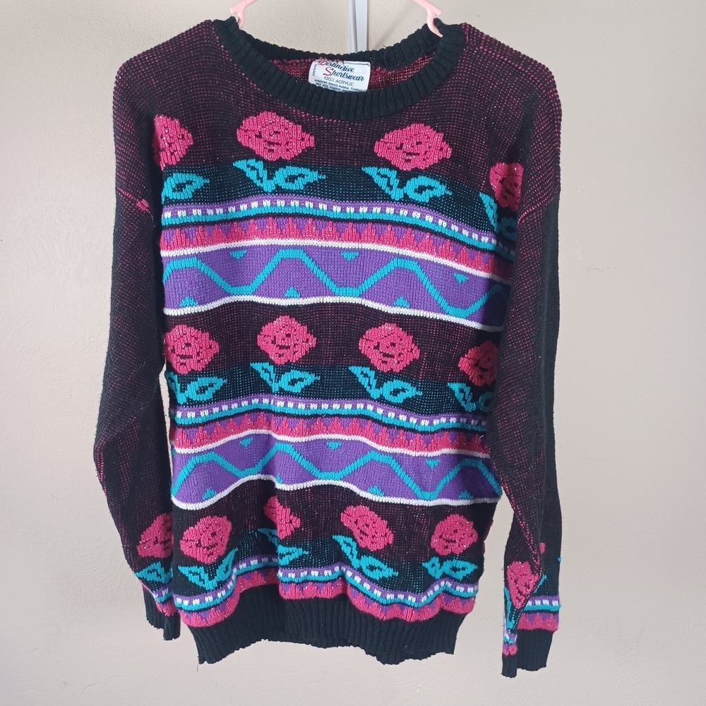 Distinctive Sportswear Vintage Neon Roses Retro Jacquard‎ Acrylic 80s Sweater